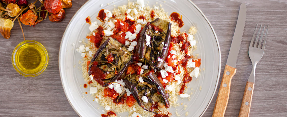 Roasted eggplant on a bed of couscous